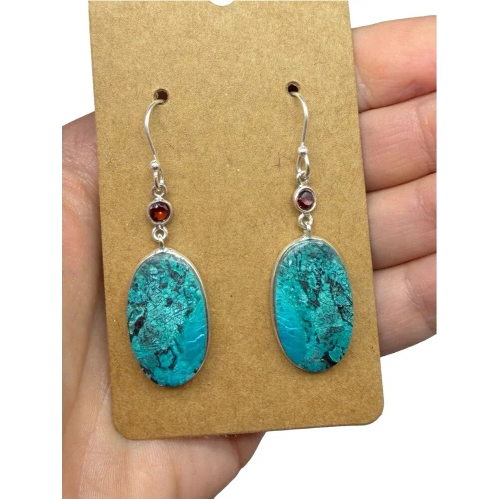 Shattuckite & Hessonite Garnet Earrings Solid 925 Sterling Silver